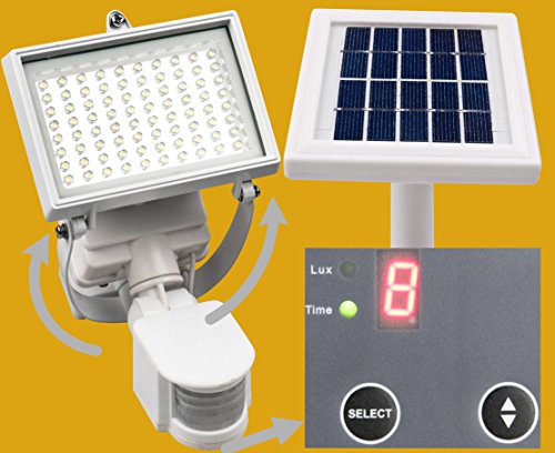 MicroSolar – Warm White – 80 LED – Waterproof – Lithium Battery – Digitally Adjustable TIME & LUX with Buttons — Adjustable Light Fixture from Left to Right, Up and Down // Outdoor Solar Motion Sensor Light