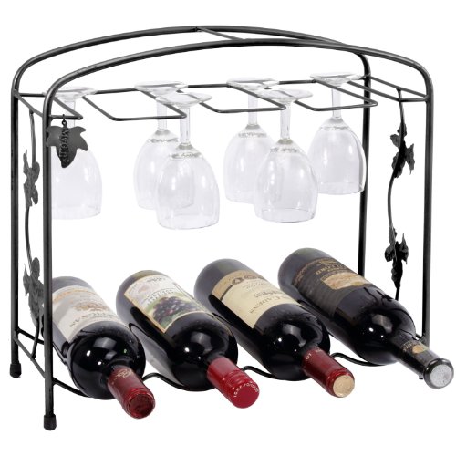 Black Classic Grape Arbor Style 4 Wine Bottles / 8 Wine Glasses Metal Wine Storage Rack