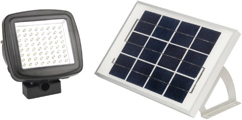 MicroSolar – 64 LED – Lithium Battery – Solar FloodLight — Automatically Working from Dusk to Dawn at Good Sunshine // with Wall Mounted Brackets and Ground Mounted Stakes // Adjustable Light Fixture from Left to Right, Up and Down
