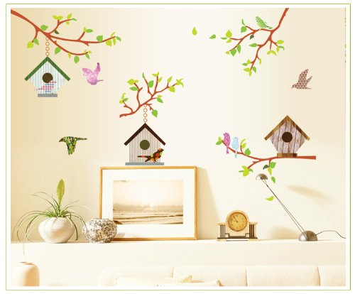 Birdhouses and Branches Wall Art Vinyl Decal Stickers – Beautiful for Living room / Bedroom / Nursery / Kids Room