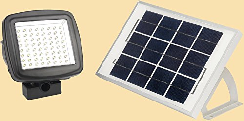MicroSolar – Warm White – 64 LED – Lithium Battery – Solar FloodLight — Automatically Working from Dusk to Dawn at Good Sunshine // with Wall Mounted Brackets and Ground Mounted Stakes // Adjustable Light Fixture from Left to Right, Up and Down