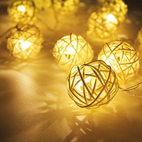 Rattan Ball Battery Operated LED Christmas String Lights – 2 Work Modes, 7.3ft Length, Warm White 20pcs Balls for Christmas, Holiday, Party, Event Decorative Lighting