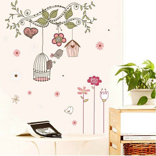 Birdcage Wall Stickers with Scroll Tree, Birdhouse, Birds, and Flowers