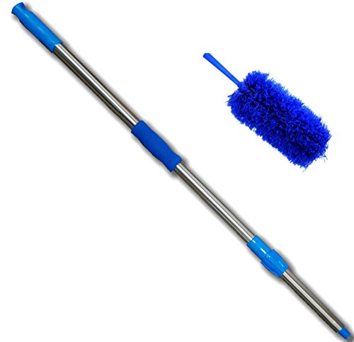 Microfiber Flexible, Bendable and Extendable Fluffy Blue Cleaning Duster Kit Includes the Duster and Our Telescoping Threaded Stainless Steel Extension Rod (Pole) that Attaches to the Duster’s Handle. Excellent for Cleaning & Dusting Blinds, Ceiling Fan, Cars and Floors, and for Removing Cobwebs. Because It Is Microfiber, It Works Better Than Cloth, Brush or Feather Dusters and it does not shed. It Is Non Allergenic, Reusable, Washable and Needs No Refills.