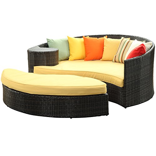 LexMod Taiji Outdoor Wicker Patio Daybed with Ottoman in Brown with Orange Cushions