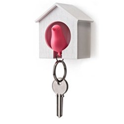Birdhouse Key Ring – White House with Pink Bird