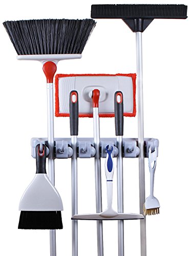 Greenco Wall and Closet Mount Organizer Rack, Holds Brooms, Mops, Rakes, Garden Equipment, Tools and More, Contains 5 Non-slip Automatically Adjustable Holders and 6 Hooks.