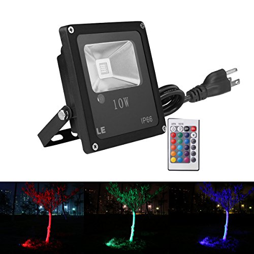 LE Remote Control 10W RGB LED Flood Lights, Color Changing LED Security Light, 16 Colors & 4 Modes, Waterproof LED Floodlight, US 3-Plug, Wall Washer Light