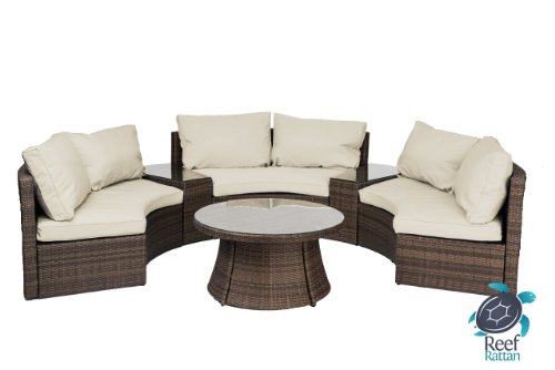 Reef Rattan Comoros Half-Moon 6 Pc Curved Bench Sofa Set – Chocolate Rattan / Beige Cushions