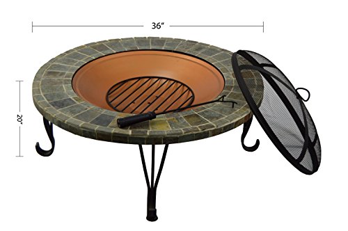 HIO 36-Inch Wood Burning Slate & Marble Top Fire Pit with Copper Accents Cover Included For Backyard And Patio