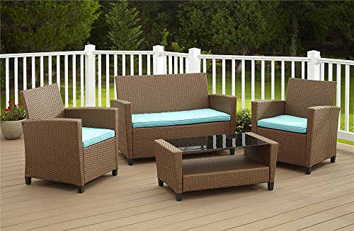 Cosco Dorel Industries Outdoor 4-Piece Resin Wicker Patio Set, Brown and Teal Cushions