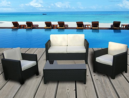 Miami Beach Collection – 4 Pc Outdoor Rattan Wicker Sofa Sectional Patio Furniture Set (Black / Ivory Cushions)