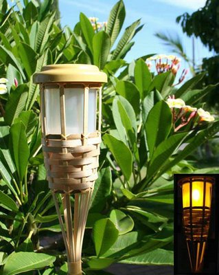 2-Pk Outdoor Garden Bamboo Tiki Torch Solar Landscape Light 5 Amber LEDs