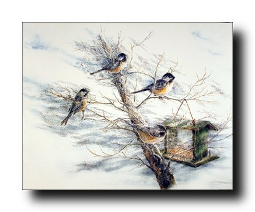 Chickadee Birdhouse on Tree Bird Animal Fine Art Print Poster (8×10)