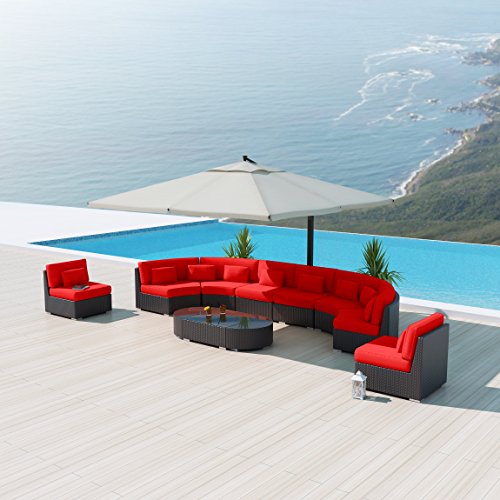 NEW Uduka Magritte 9pcs Outdoor Round Sectional Patio Furniture Espresso Brown Wicker Sofa Set RED All Weather Couch