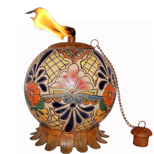 Mexican Talavera Clay Pottery Oil Lamp / Tiki Torch with Stand & Snuffer – Mazatlán Design