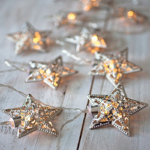 Domire Battery Operated Warm White LED Fairy Lights 10 (Silver) Metal Star String Decoration Light for Festival Halloween Christmas Party Wedding