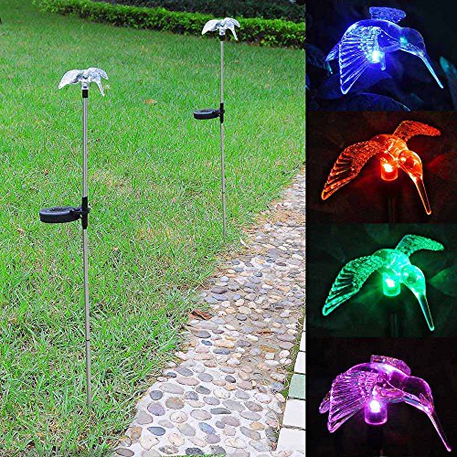 Outdoor Garden LED Solar Landscape Path Light Color Changing Christmas Party Decor Lamp Patio Yard Decoration Lighting(2 Set, Humming Bird)