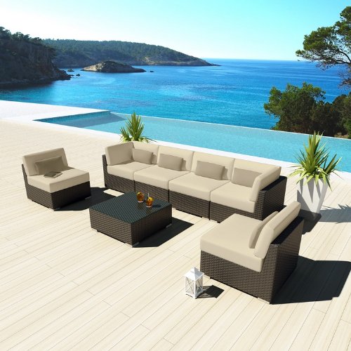 Uduka Outdoor Sectional Patio Furniture Espresso Brown Wicker Sofa Set Daly 7 Light Beige All Weather Couch