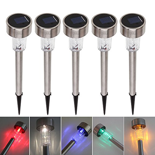 5 Pcs Outdoor Stainless Steel Solar Power 7 Color Changing LED Garden Landscape Path Pathway Lights Lawn Lamp