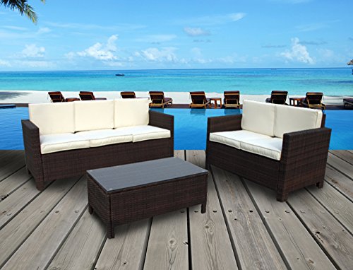 The Whitehouse Collection – Outdoor Rattan Wicker 3- Seater & Loveseat Sofa Patio Furniture Set. Choice of Set & Cushion Color (Mixed Brown / Ivory Cushions)