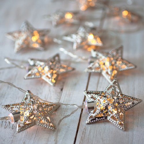 TLT Battery Operated 10 LED Metal Star Fairy String Lights (Silver), Great for Garden Rooms Christmas Party Wedding Decor LED023S