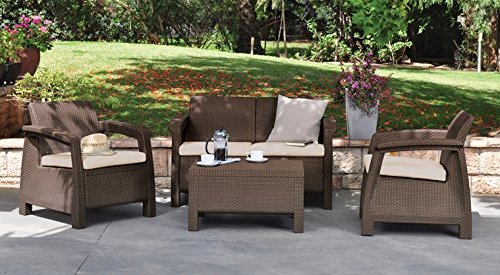 4-Piece Patio Conversation Set. Enjoy your premier outdoor backyard or patio furniture while lounging at home w/ your family on this Cushioned Patio Set.This comfortable all weather proof garden furniture set in elegant brown is perfect for your deck,bbq’s,dining & entertaining. Comes W/ 2 Wicker Chairs & Loveseat W/ Cushion, and a rattan table.