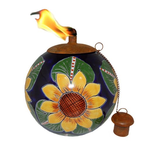 Mexican Clay Pottery Oil Lamp / Tiki Torch – Sunflower Design