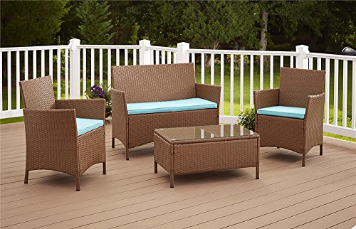 Cosco Dorel Industries Outdoor Jamaica 4-Piece Resin Wicker Complete Patio Set, Tan with Teal Cushions