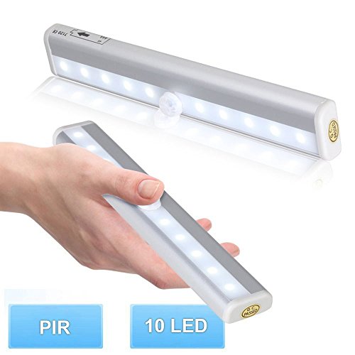 2 Pack 10 Super-Bright LED PIR Motion Sensor Lamp Portable Wireless Wall Closet Cabinet Night Light / Stairs Light / Step Light Bar with Magnetic Strip Stick-on Anywhere (Battery Operated) Cool white 08QW#D