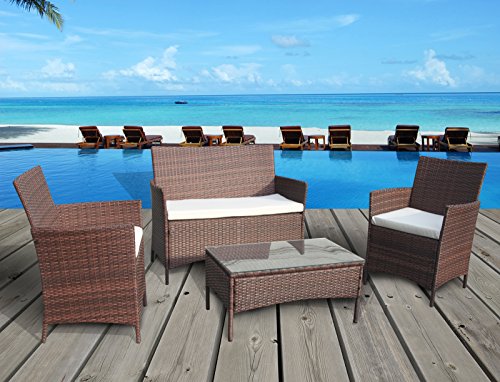 The French Riviera Collection – 4 Pc Outdoor Rattan Wicker Sofa Patio Furniture Set. Choice of Set & Cushion Color (Mixed Brown / Ivory Cushions)