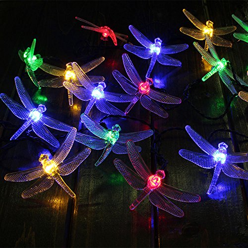 2 Pack 16.4 Ft 20 LED Solar Powered Outdoor Decorative Lights , Dragonfly Shape Translucent Covers Fairy String Lights , for Christmas Holiday Wedding Birthday Festival Party Garden Patio Lawn Fence Yard Porch Decoration