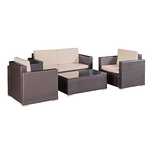 Palm Springs Outdoor 4 pc Furniture Wicker Patio Set w/ Chairs, Table & Cushions