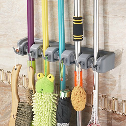 Bekith Mop and Broom Holder, 5 Position with 6 Hooks Garage Storage Holds up to 11 Tools, Wall Mounted Garden Tool Storage Tool Rack Storage & Organization for Your Home, Closet, Garage and Shed