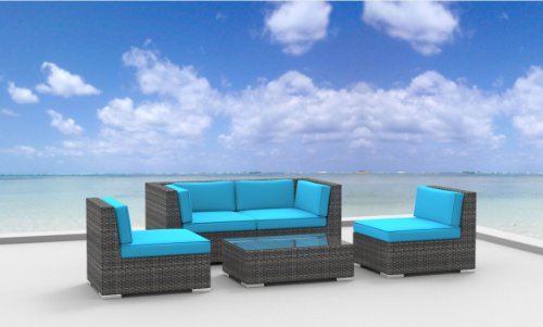 Urban Furnishing – RIO 5pc Modern Outdoor Backyard Wicker Rattan Patio Furniture Sofa Sectional Couch Set – Sea Blue