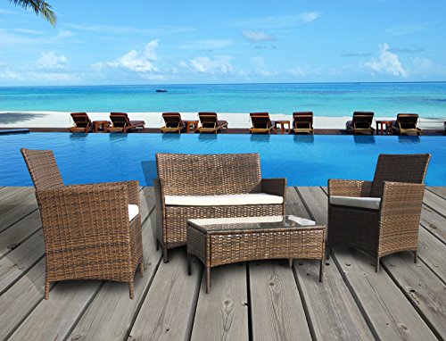 The French Riviera Collection – 4 Pc Outdoor Rattan Wicker Sofa Patio Furniture Set. Choice of Set & Cushion Color (Light Brown / Ivory Cushions)