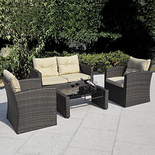 Giantex 4 PCS Cushioned Wicker Patio Sofa Furniture Set Garden Lawn Seat Gradient Brown