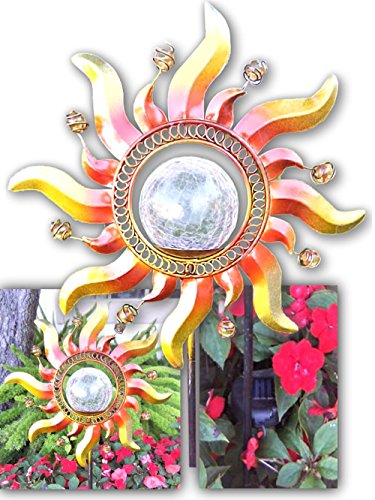 Brilliant & Mo Copper Metal Art Sun Ray Solar Crackle Glass Ball Light Garden Stake