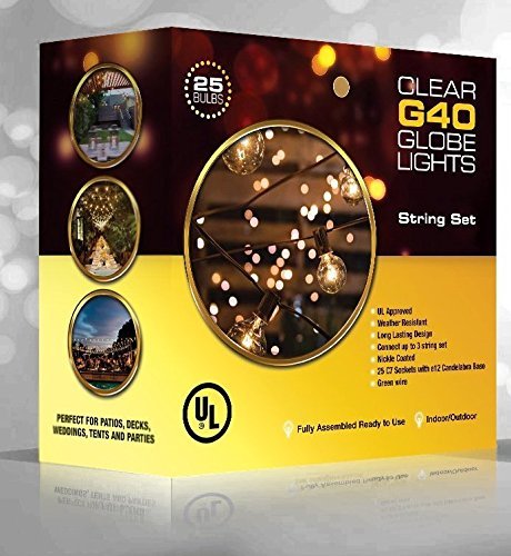 G40 Globe String Lights Set with 25 Clear G40 Bulbs Included, End-to-end – UL Listed Indoor & Outdoor Lights Settings With Warm Romantic Ambience – Patio Lights & Patio String Lights – Perfect for Backyards, Gazebos, Patios, Gardens, Pergolas, Decks, City Rooftops, Weddings, Bbq, Dinner Parties, Holidays – Commercial Quality String Light Fixture for Indoor / Outdoor Use – Updated Incandescent Energy-efficient Bulbs – 100% Satisfaction Guarantee