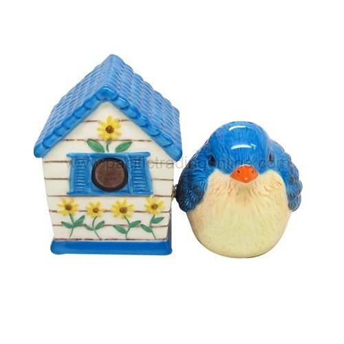 Hand Painted Ceramic Magnetic Salt and Pepper Shaker Set- Bird and Birdhouse
