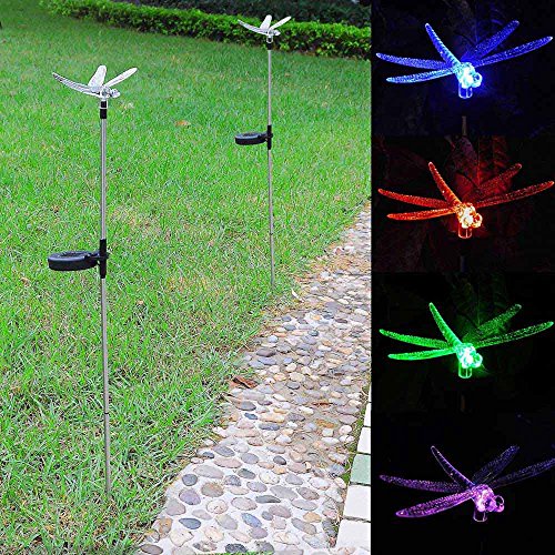 Outdoor Garden LED Solar Landscape Path Light Color Changing Christmas Party Decor Lamp Patio Yard Decoration Lighting(2 Set, Dragonfly)