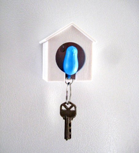 Birdhouse Key Ring -White House with Blue Bird