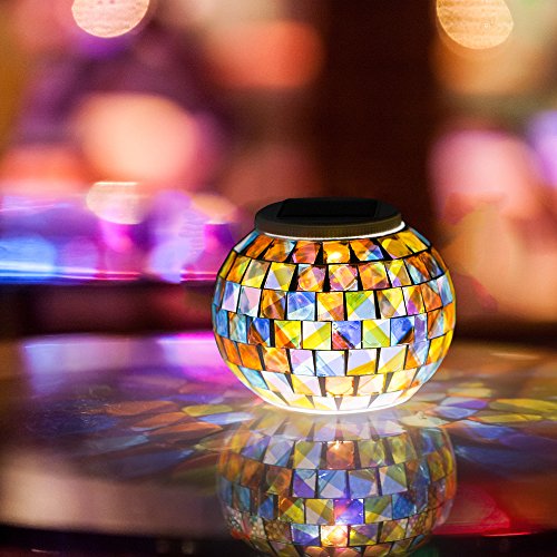 Solar Powered Mosaic Glass Ball Garden Lights, Color Changing Solar Table Lamps, Waterproof Solar Outdoor Lights for Parties Decorations, Christmas, Ideal Gifts–5.12 Inch in Diameter, 4.13inch