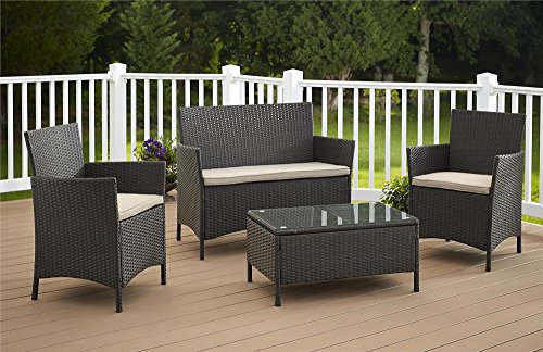 Cosco Dorel Industries Outdoor Jamaica 4-Piece Resin Wicker Complete Patio Set, Charcoal with Tan Cushions