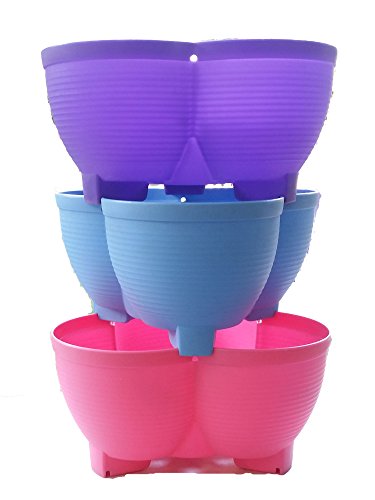 (3-Tiered) Plastic Stacking Planters, Stacking Vertical, Gardening, Stack Pots (Pink)