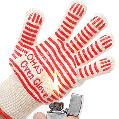 LOHAS Set of 2 Premium Kitchen Oven Safety Mitts – 932°F Extreme Heat Resistant EN407 Certified, Flexible BBQ Gloves, 100% Cotton Lining For Super Comfort, Red Stripes for Ultimate Grip, Versatile than Mitts & Potholders, Perfect For Cooking / Baking / Grilling / Smoker / Fireplace / Campsite And More