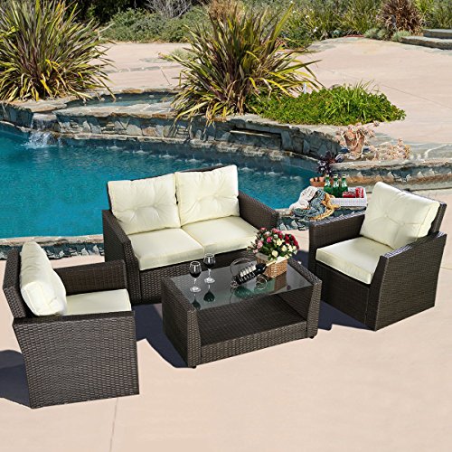 Giantex 4pc Rattan Sofa Furniture Set Patio Garden Lawn Cushioned Seat Black Wicker (Brown)