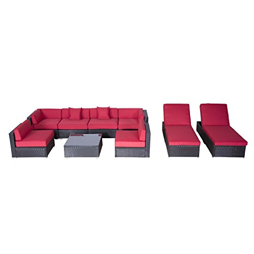 Outsunny 9pc Outdoor Patio Rattan Wicker Sofa Sectional & Chaise Lounge Furniture Set – Crimson