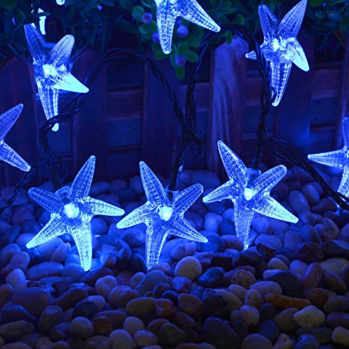 LuckLED Solar Powered LED Christmas Light, 20ft 30 LED Starfish String Lights for Outdoor, Gardens, Homes, Wedding, Christmas Party, Waterproof (Blue)