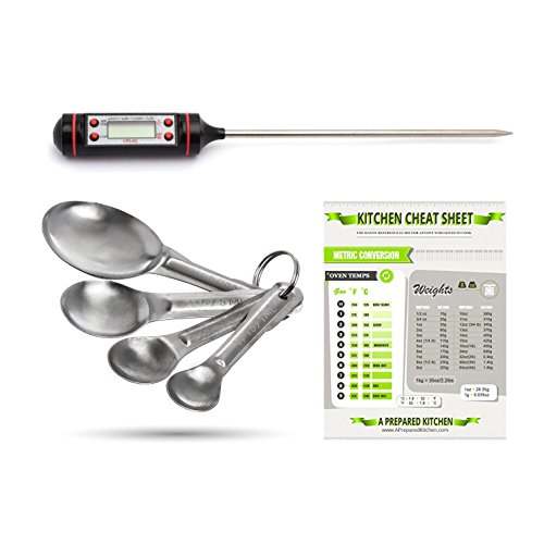 A Prepared Kitchen Cooking Thermometer Bundle – Includes Measuring Spoons and Free Bonus Cooking Chart Included